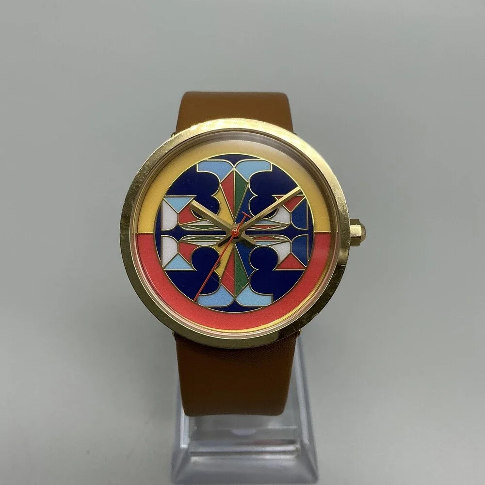 Tory Burch TBW4040 Womens Watch 36mm Multicolor Dial Gold Brown Leather New Batt